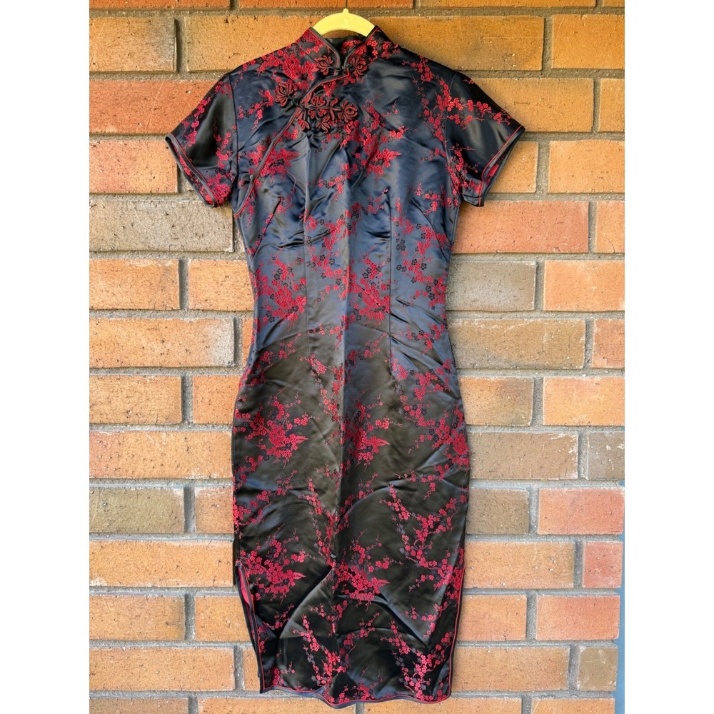 Vintage Traditional Cocktail‎ Dress 1970s Asian | Black and Red | Size 36 Small